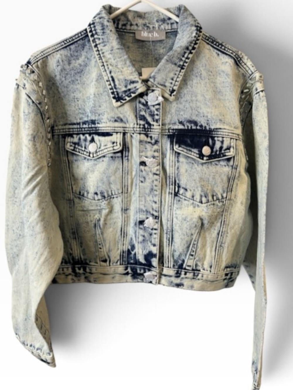 NWT Blue B Collection Cropped Acid Wash Denim Jacket Beaded Shoulder Size L